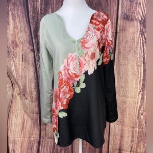 Roses pink black gray cotton blend women’s blouse size S
